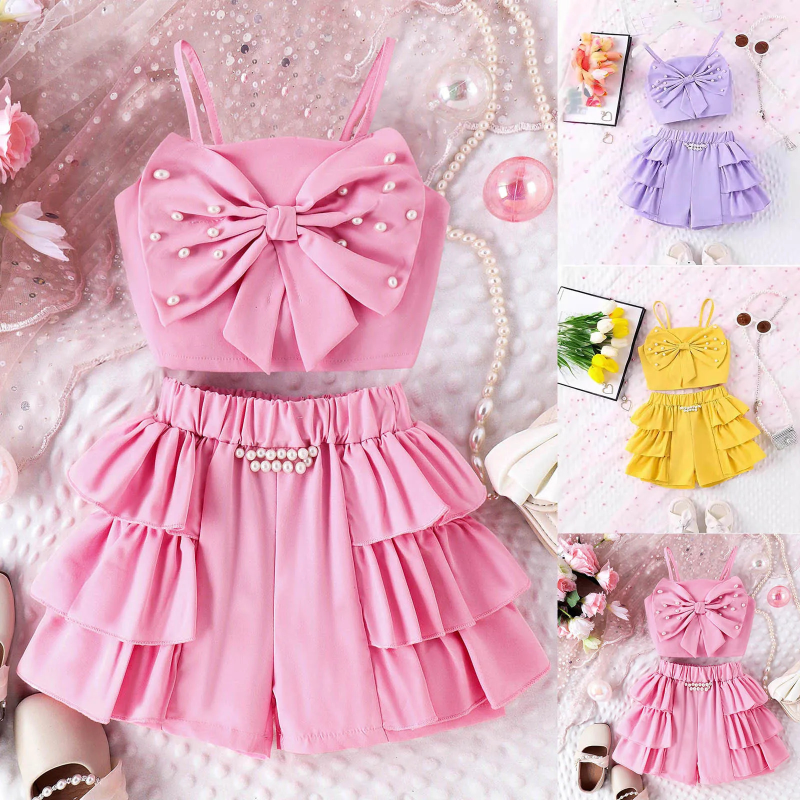 Kids Girls Summer Solid Color Suspender Sleeveless Knot Bow Vest Tops And Stretch Ruffled Shorts 2PCS Outfits Clothes For Girls 250515