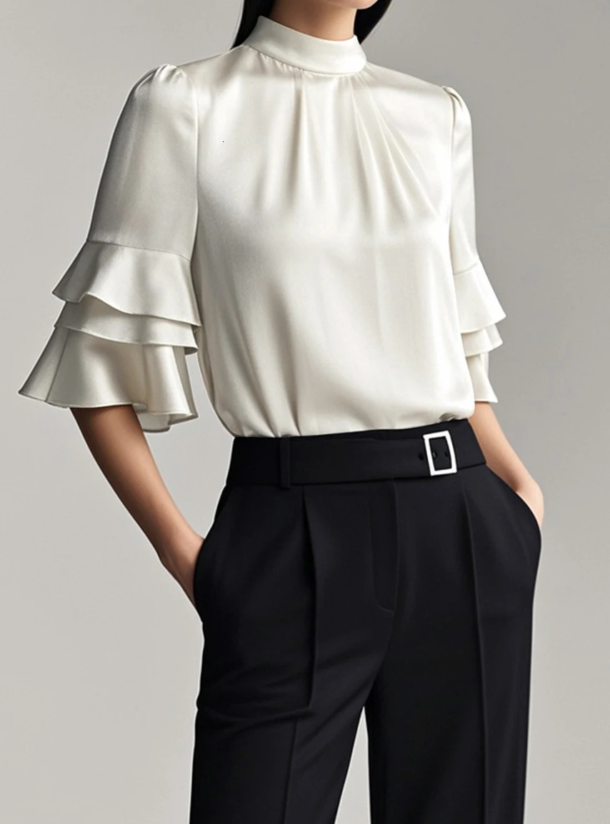 Modigirl est Summer Women Elegant Blouse Business Work Casual Half Ruffle Sleeves Layered White Woman Shirts Top Trendy 250515