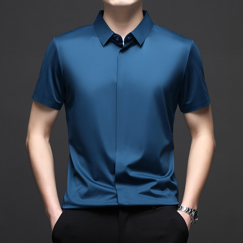 Men's Short Sleeve 2025 Summer Stretch Business Casual Solid Color Ice Silk Shirt Designer Men's Clothing
