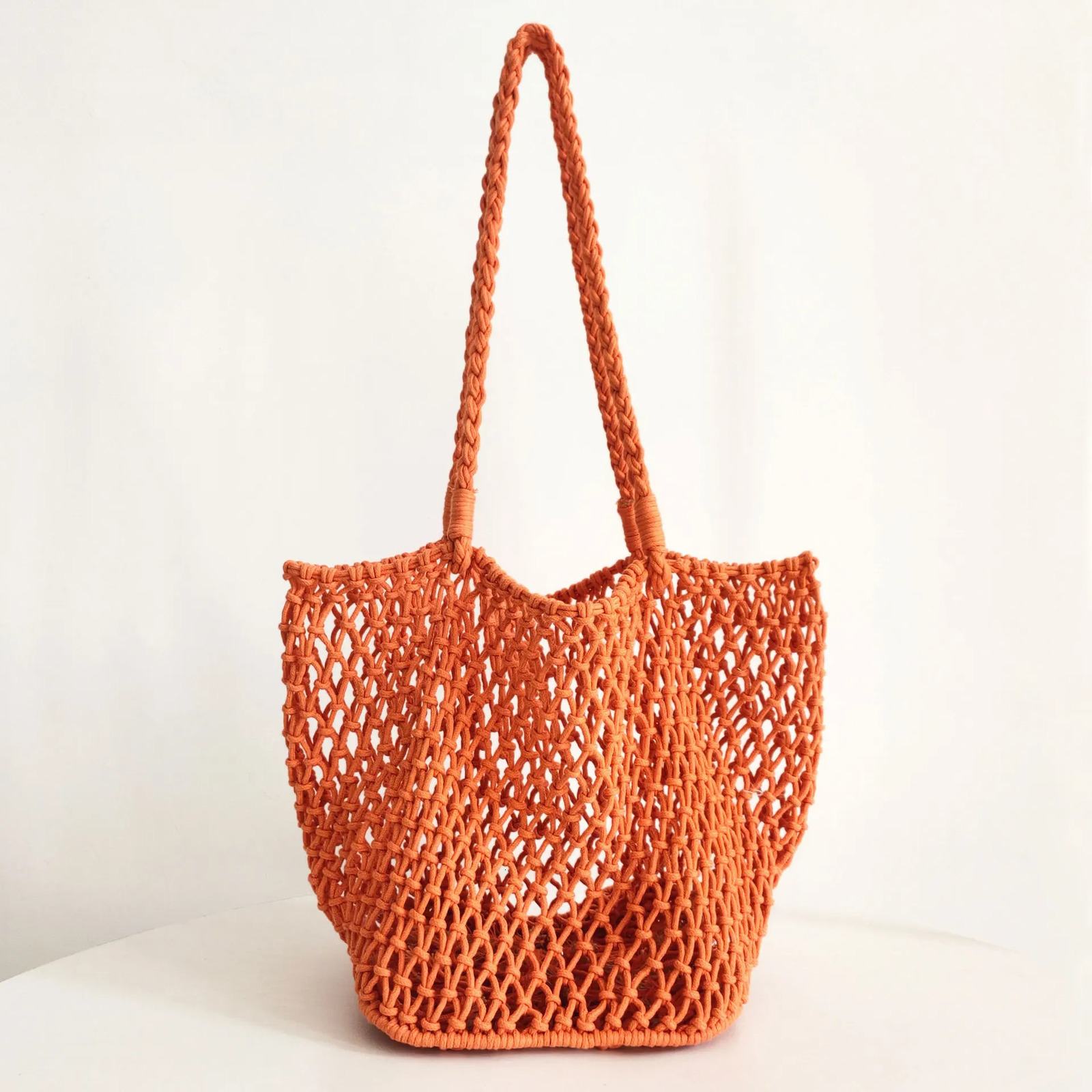 Handmade Woven Bag Hollowed Out Mesh Bag Cotton Rope Single Shoulder Handbag Beach Vacation Leisure Bag 250515