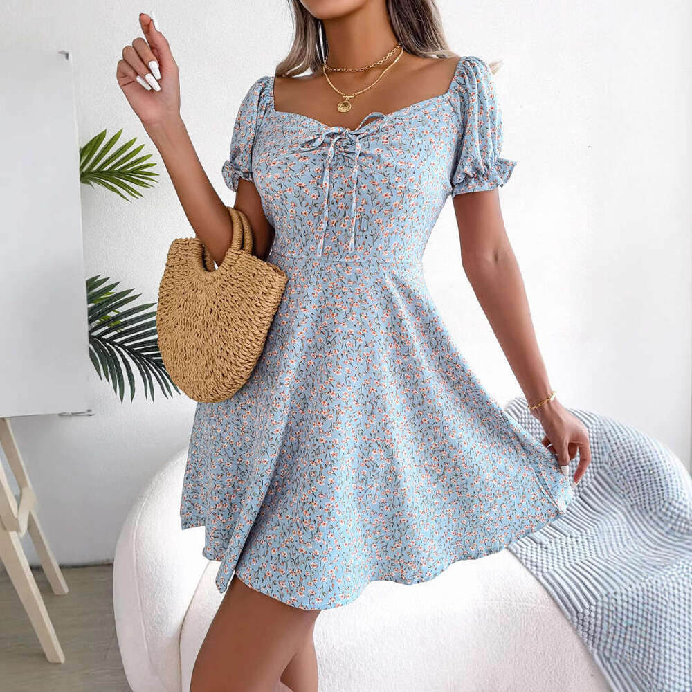 Ins style real-life photos of spring and summer trumpet sleeves, drawstring ties, floral patterns, big swing dresses, women's clothing, 2025 new 