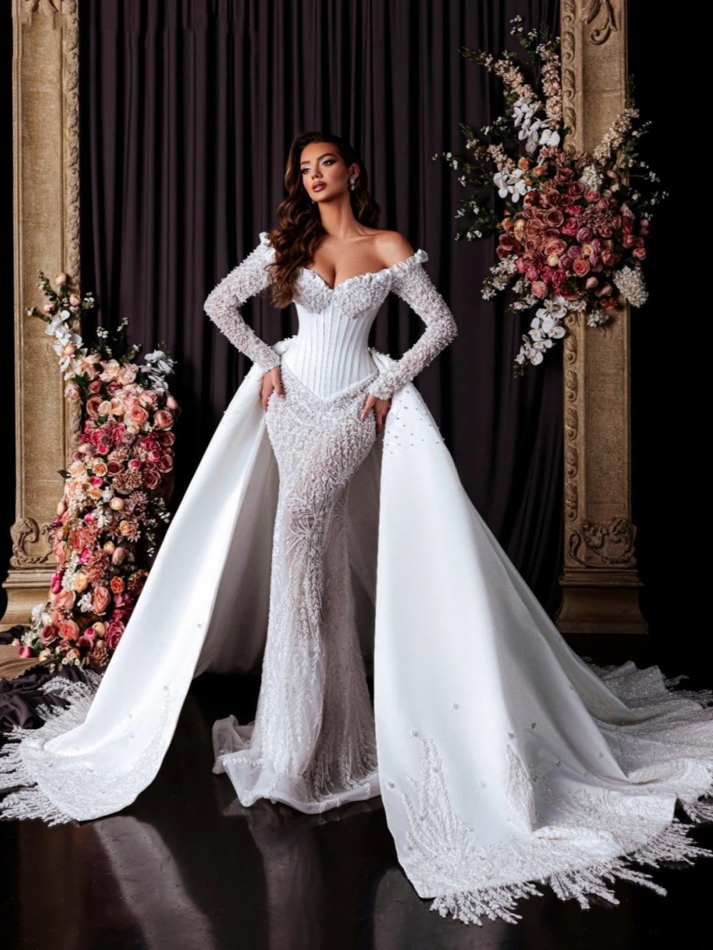 Luxurious Mermaid Wedding Dress Off Shoulder Long Sleeves Bridal Gowns Appliques Beaded Detachable Train Dresses Custom Made vestidos de novia