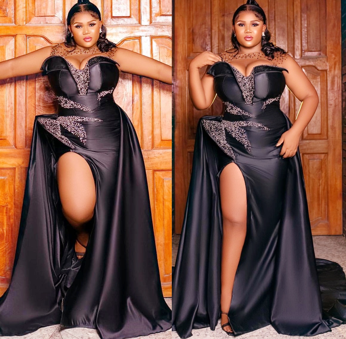 Sheath Black Plus Size Prom Dresses 2025 Beaded Satin High Split Sheer Neck Evening Formal Party Second Birthday Engagement Gowns Dress For Special Oc