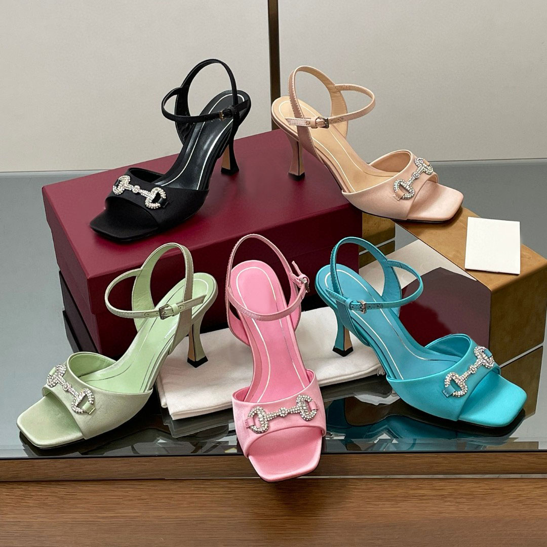 Crystal Encrusted Diamond Buckle Decor Stiletto Heel Sandals Satin Elegant Fashion Party Dress shoes women's Square Toes Ankle Strap evening shoes factory footwear