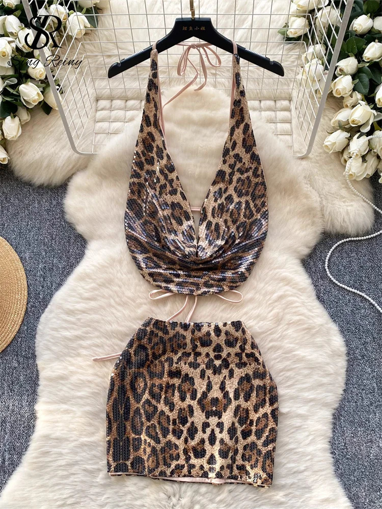 SINGREINY Fashion Clubwear Sexy Two Pieces Suits Halter Backless Mini TopBodycon Short Skirt Female Sequins n Leopard Sets 250515