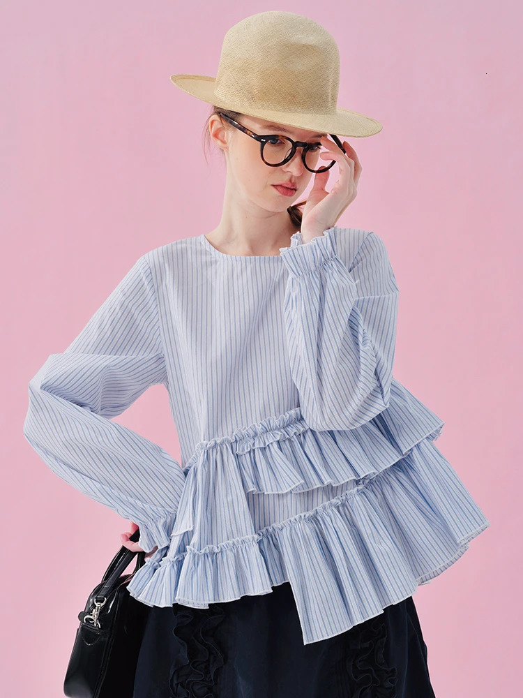 imakokoni Japanese shirt spring cotton washed blue and white stripe lace irregular n pullover top 250515