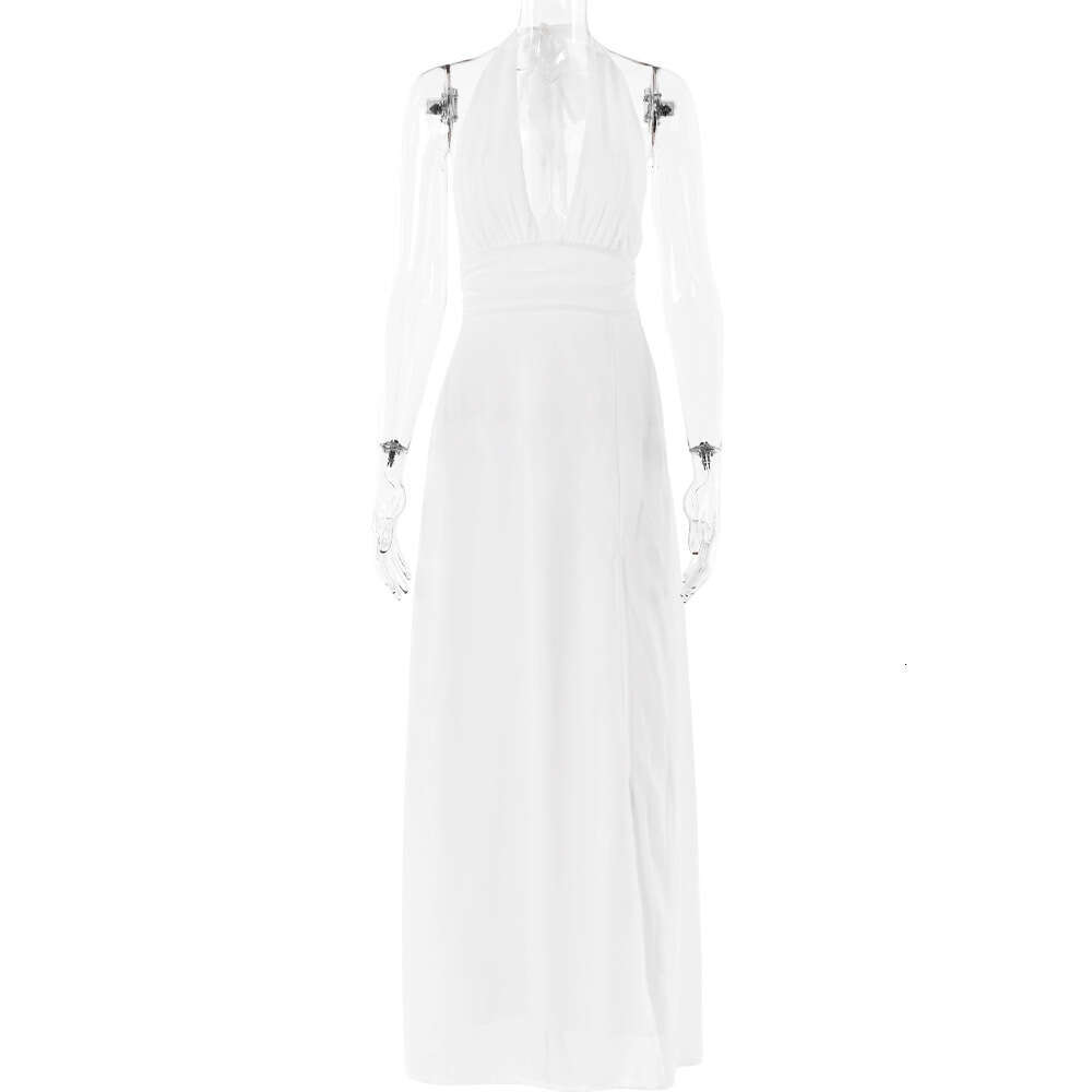 White Dress Maxi Dress Instagram Sexy Spicy Girl Hanging Neck V-Neck Tie Up Open Back Women's Fashion Style Long Dress Spring/Summer KQ