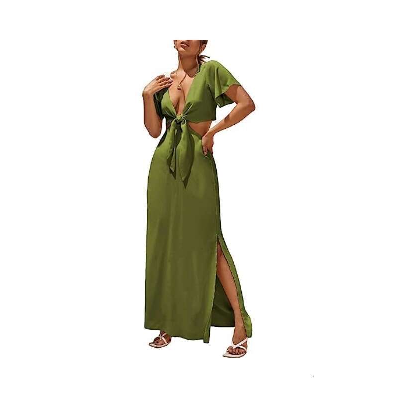 White Dress Maxi Dress 2023 Women's Super Long Front Lace Up Split Hem A-Line Dress Casual New KQ