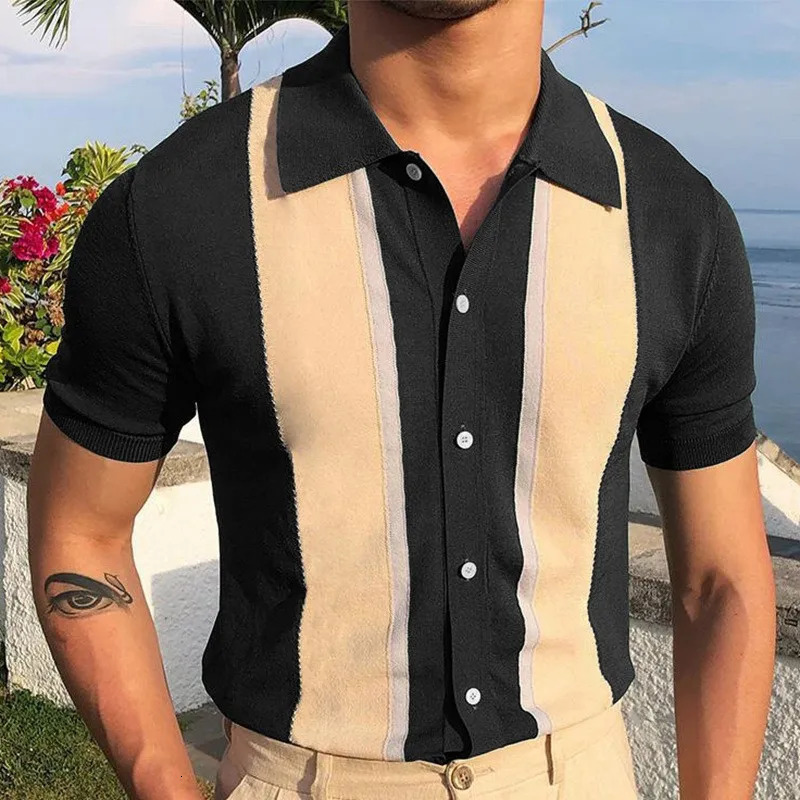 Mens Summer Business Knit Short Sleeve Polo Shirts Streetwear Button-down Breathable Striped Fashion Light Retro Shirts 250515