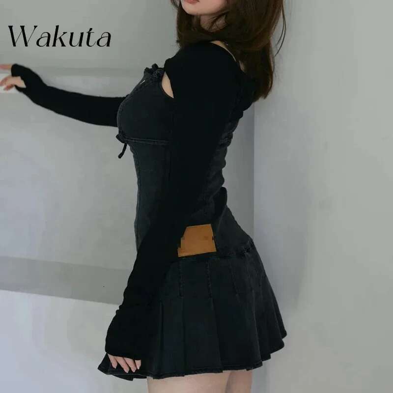 Japanese Summer Elegant U-neck Long Sleeve Slim Fit Blouse Chic Denim Camisole Dress Retro 2-piece Set