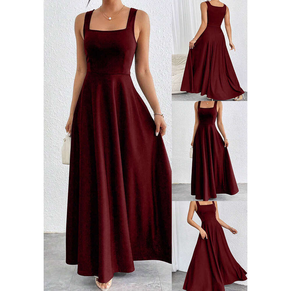 White Dress Maxi Dress Ladies' Summer New Square Neck Sleeveless Top Solid Color Ultra Long Jumpsuit With Loose Waist, Elegant In All Seasons KQ