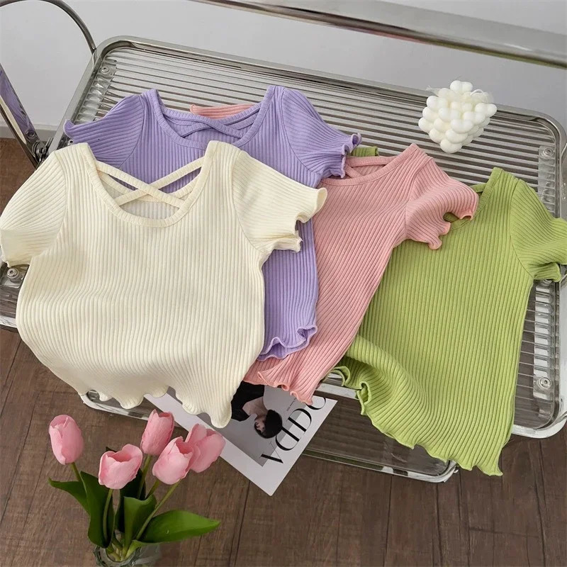 Girls T-shirts Summer Short-sleeve Tops for Kids Solid Color Children Blouse Fashion Baby Tees Toddler Outfits Clothing 250515