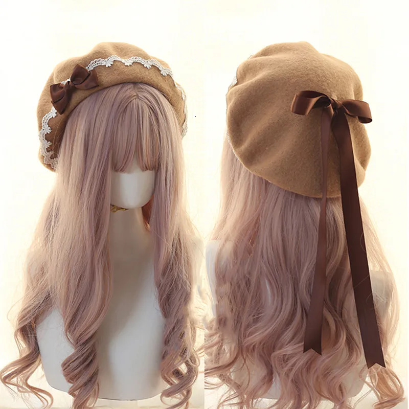 Lolita Girls Cute Bowkont Beanie Women Casual Beret Hat Painter Hat Unisex Artist Cap Dome Pink solid color decorate Wholesale 250514