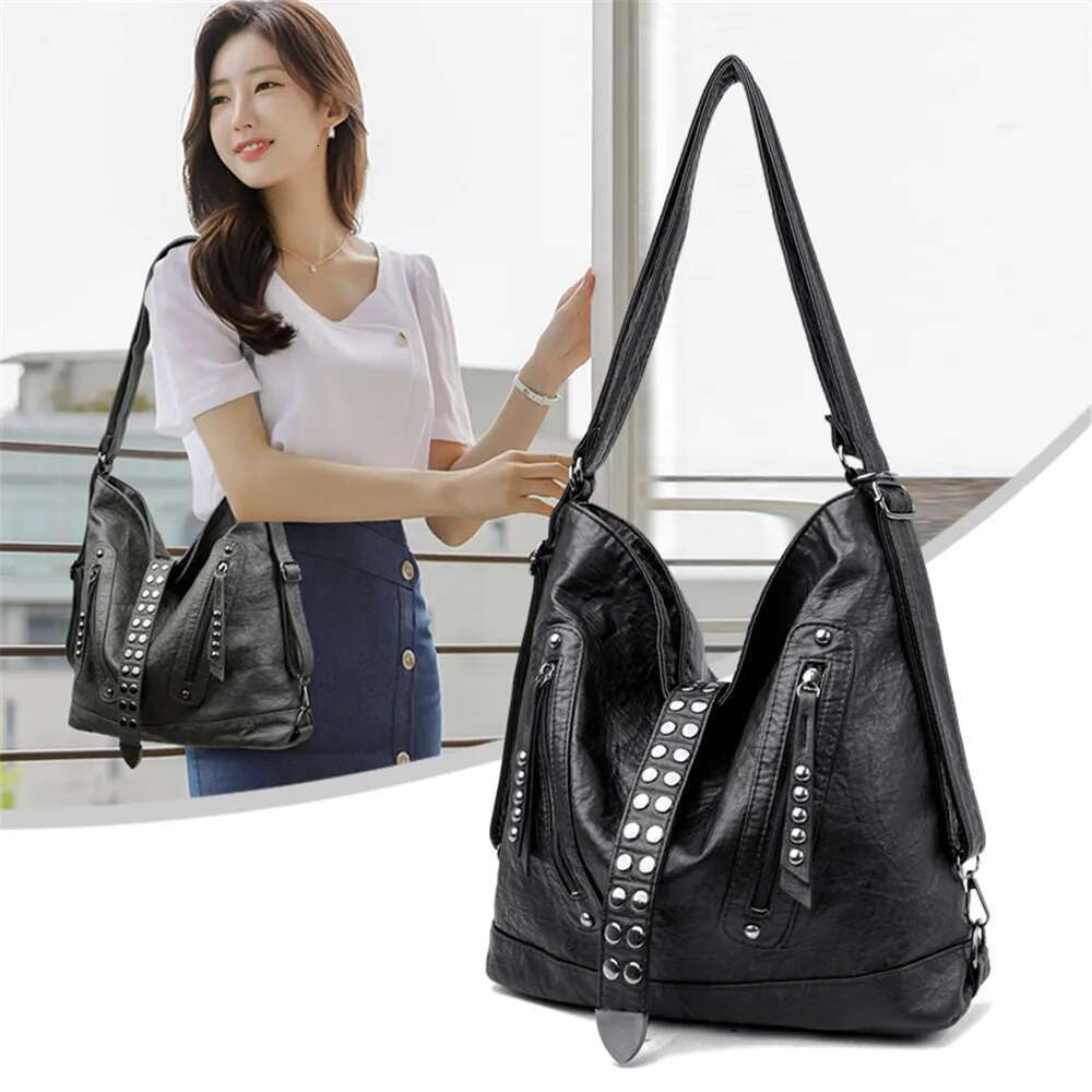 Women's Brand Backpacks Vintage Soft PU Shoulder Bags Women Rivets Designer Backpack Large Capacity School Bag Female