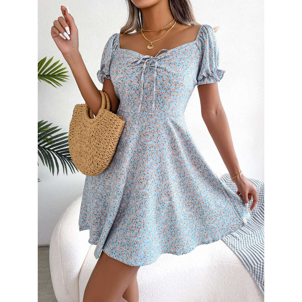 Ins style real-life photos of spring and summer trumpet sleeves, drawstring ties, floral patterns, big swing dresses, women's clothing, 2025 new 
