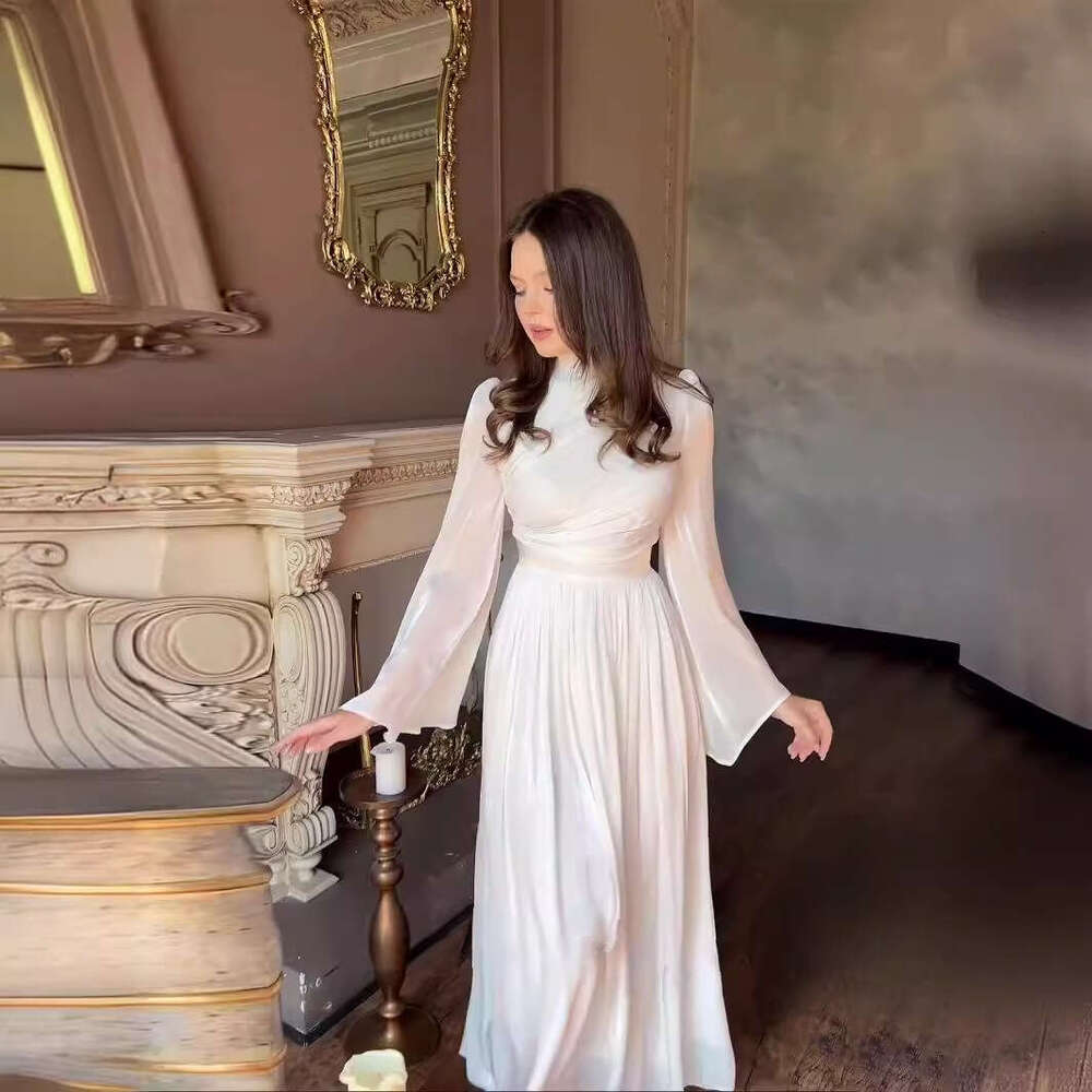 Cross half high neck for women 2023 new long sleeved tea break French style waist length dress