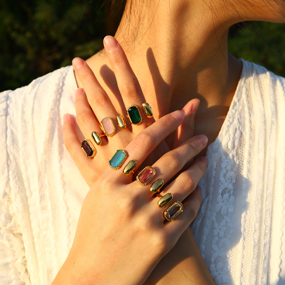 Gold Retro Color AAA Zircon Stainless Steel Ring for Women Simple Geometric Opening Fashion Ring