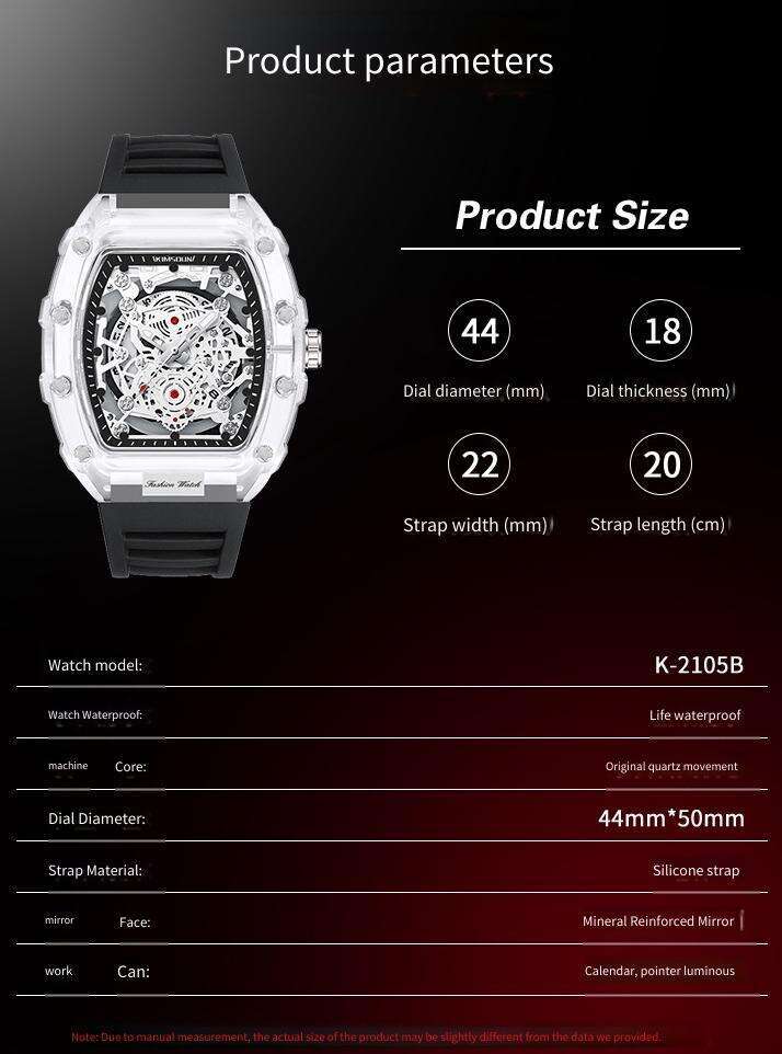 DHCollections Transparent Quartz Watch 40x50mm Dial Waterproof Silicone Strap Casual Wristwatch for Men and Women
