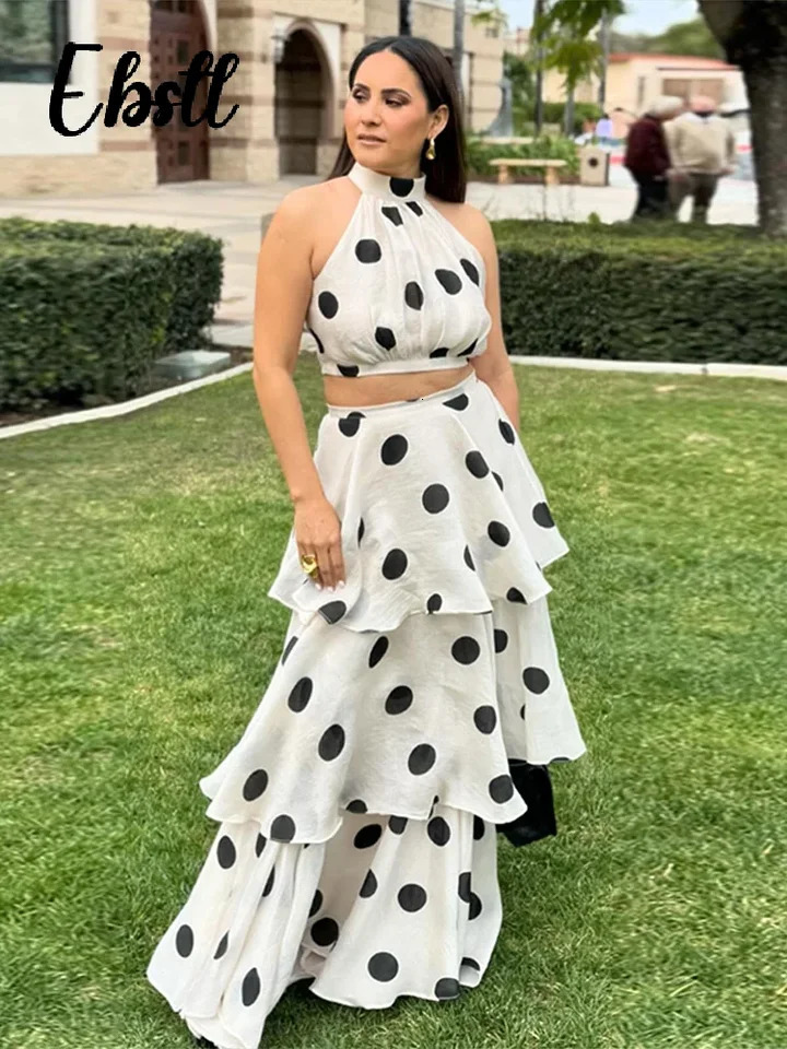Chic Polka Dots Crop Top Skirts Set Women Elegant Halter Sleeveless Vest Ruffles Aline Long Skirt Summer Lady Outfit 250515