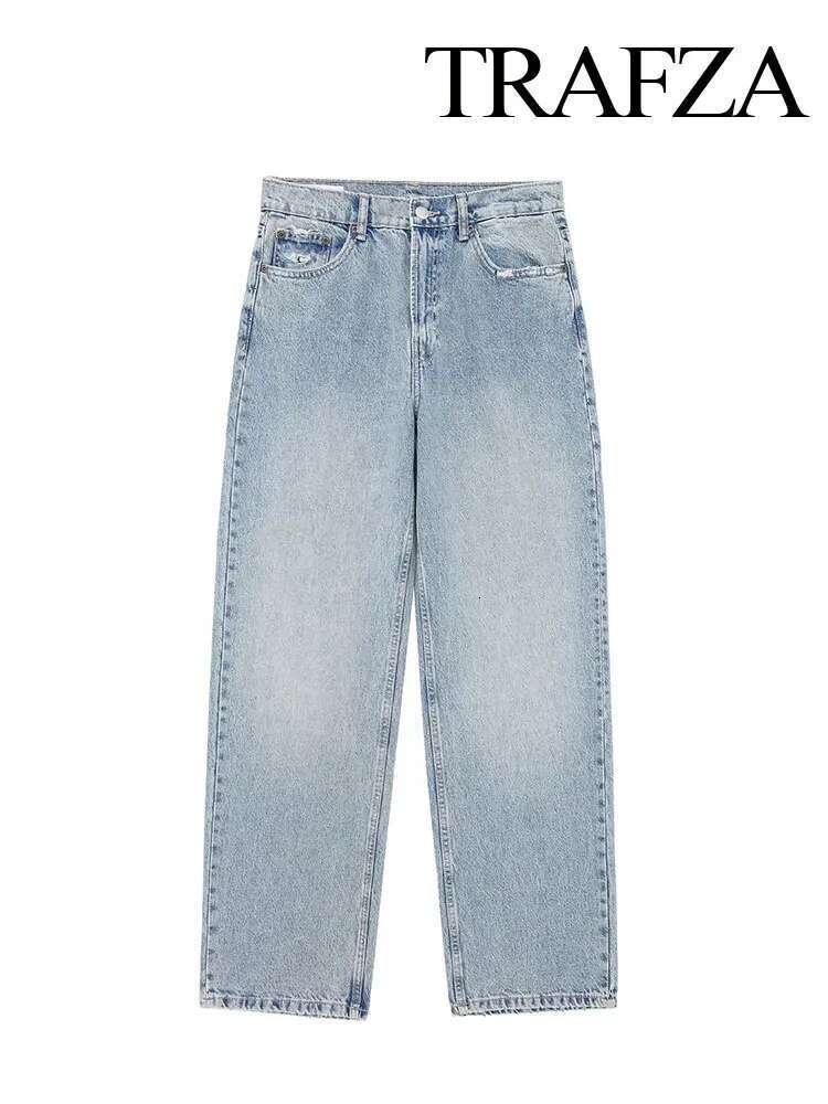 TRAFZA Summer Clothing Street Denim Blue Wide Leg Pants Chic High Waisted Hole Decoration Women's Loose Pocket Jeans Y2k