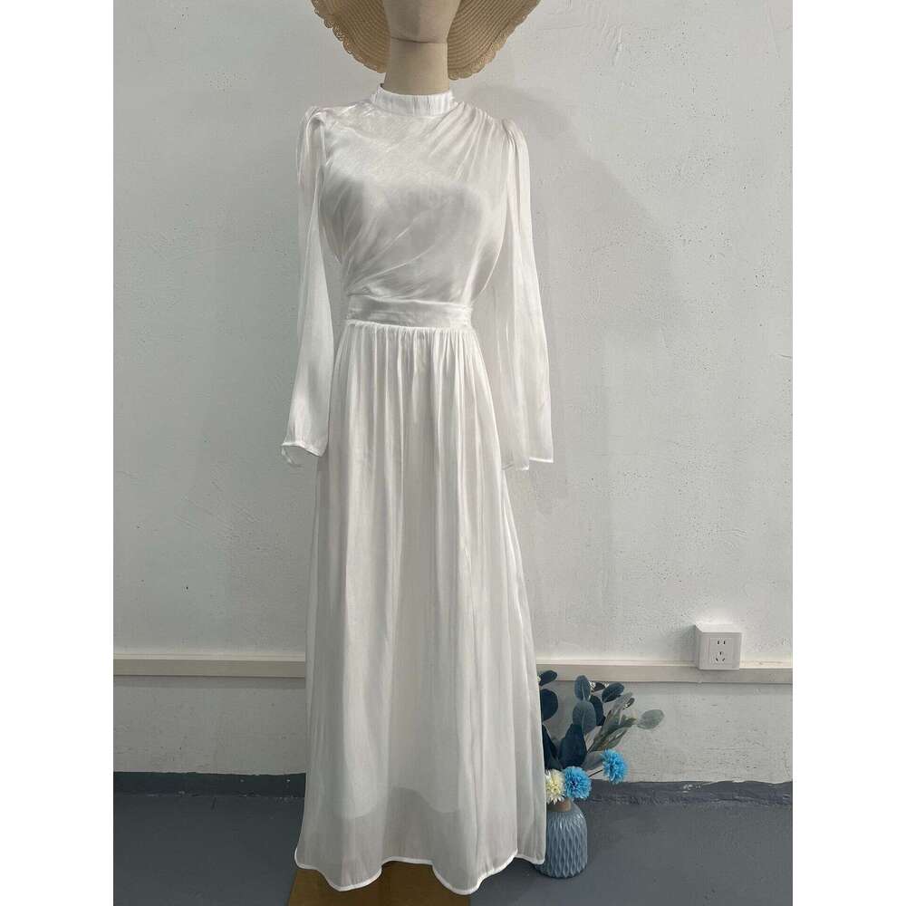Cross half high neck for women 2023 new long sleeved tea break French style waist length dress