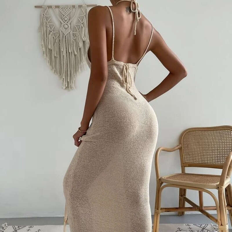 2025 New Women's Clothing Pure Desire Sexy Hollow Hanging Neck Strap Splicing Dress Long Skirt Female