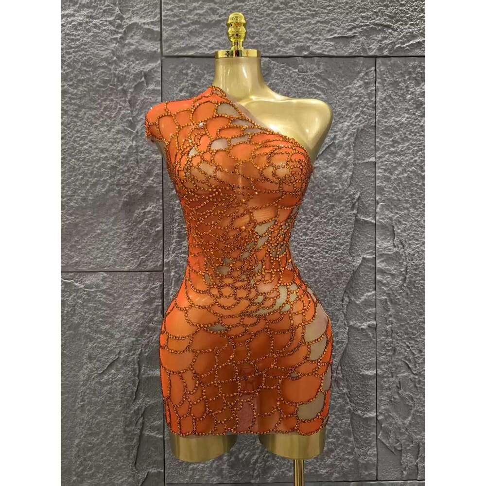 Orange Color Shinning Rhinestones Women Sexy One Shoulder Mesh Bodycon Mini Dress Celebrate Nightclub Party Bar Singer Wear