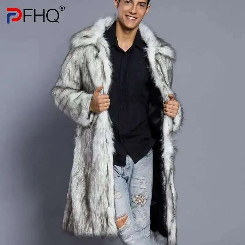 PFHQ Autumn Winter New Men's Square Neck Faux Fur Coat 2024 Solid Color Warm Long Sleeve High Street Tops 21Z7150