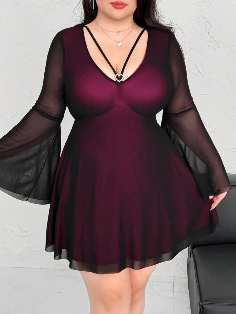 Plus Size 2025 Sexy Color Crash V Neck Love Heart Flared Sleeve Long Sleeve A Pendulum Dress Short Dress 250515