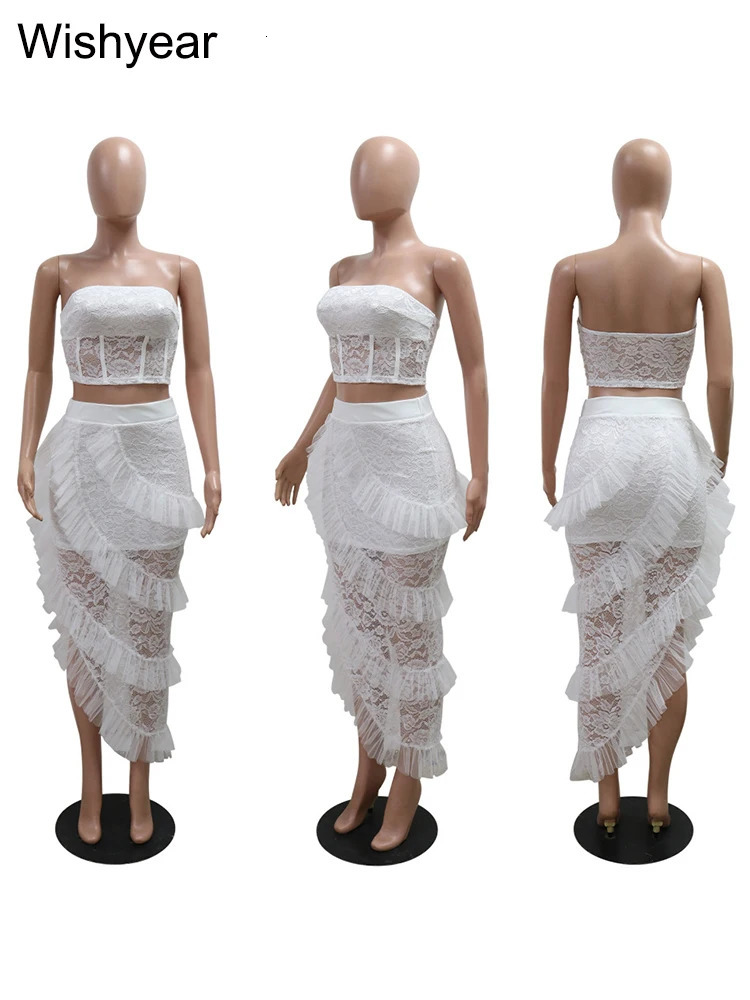 Sexy Two 2 Piece Sets Night Club Outfits for Women White Lace See Through Sleeveless Strapless Top and Ruffles Long Skirts Suit 250515