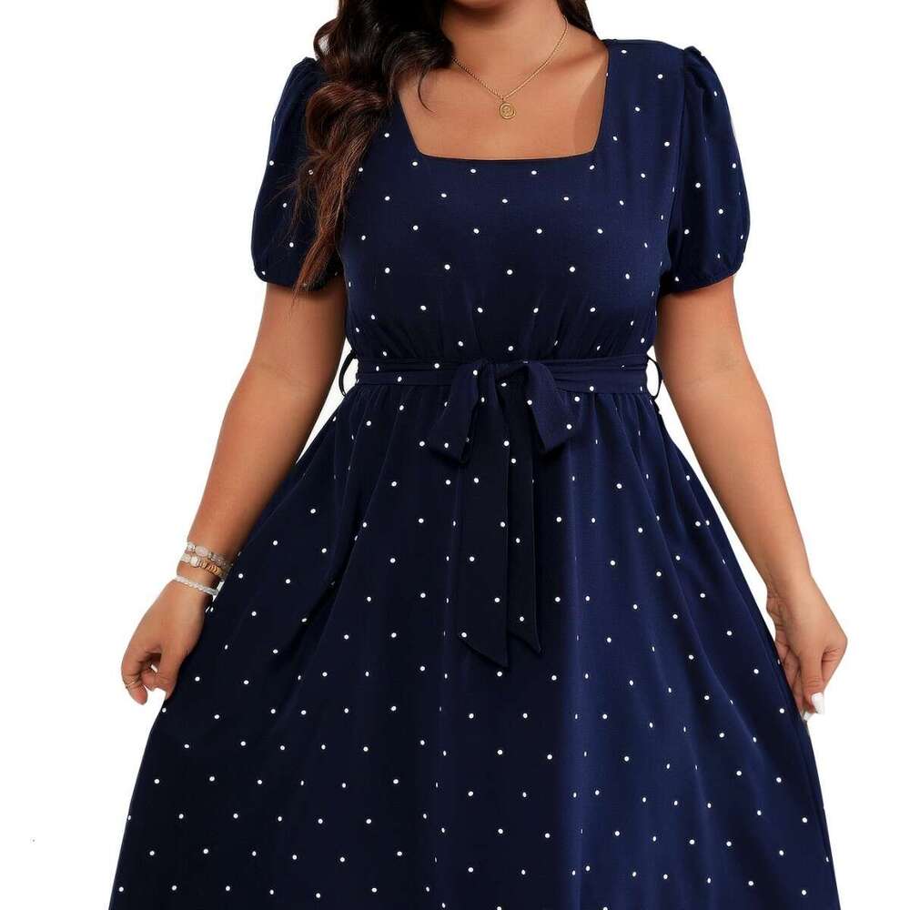 Plus Size Dresses for Woman Elegant June Dresses Party Womandress Vestido Large Size Womens Elegant Polka Dot Waist Cinched Lace Up Square Neck Big Sw
