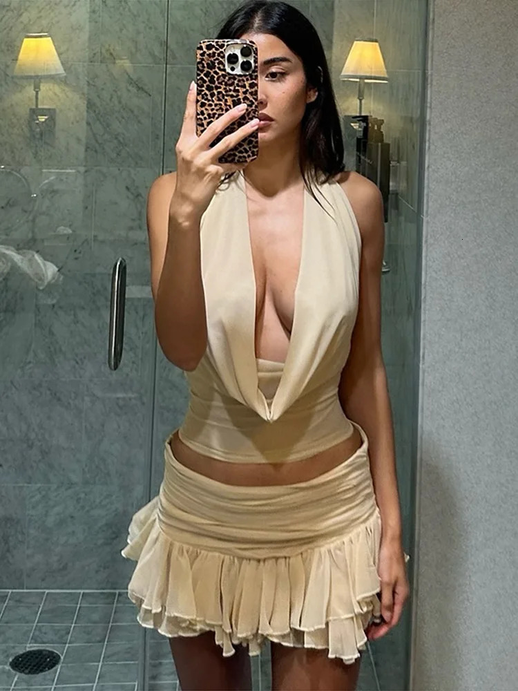 Ruffle Skirt Top Womens Set Sexy Backless Sleeveless Halter Crop High Waist Straight Suit Summer Lady Beach Sets 250515