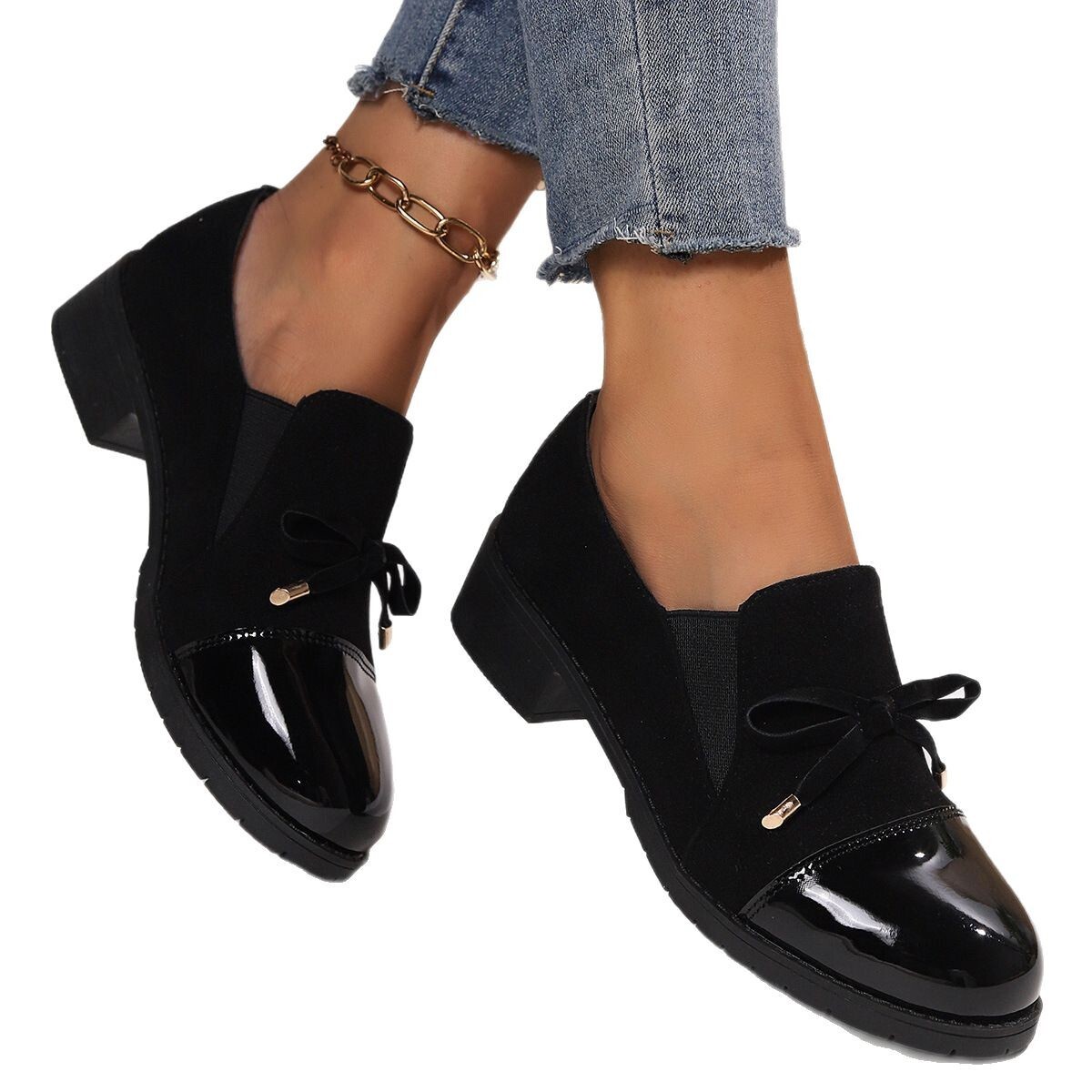 Women Plus Size Four Season Singles Korean Version Women S Leather Shoes New Style Thick Heel Round Casual Shoes Toe Bow Tie Ddmysaturn