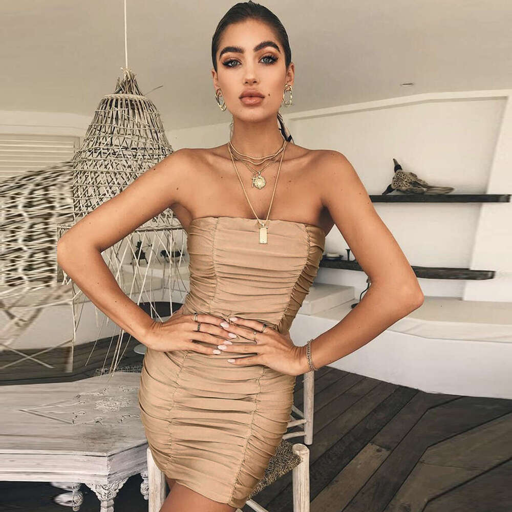 Spring summer European and American women's sexy strapless nightclub pleated hip hing dress 8505 2025 new casual fashion trend clothing