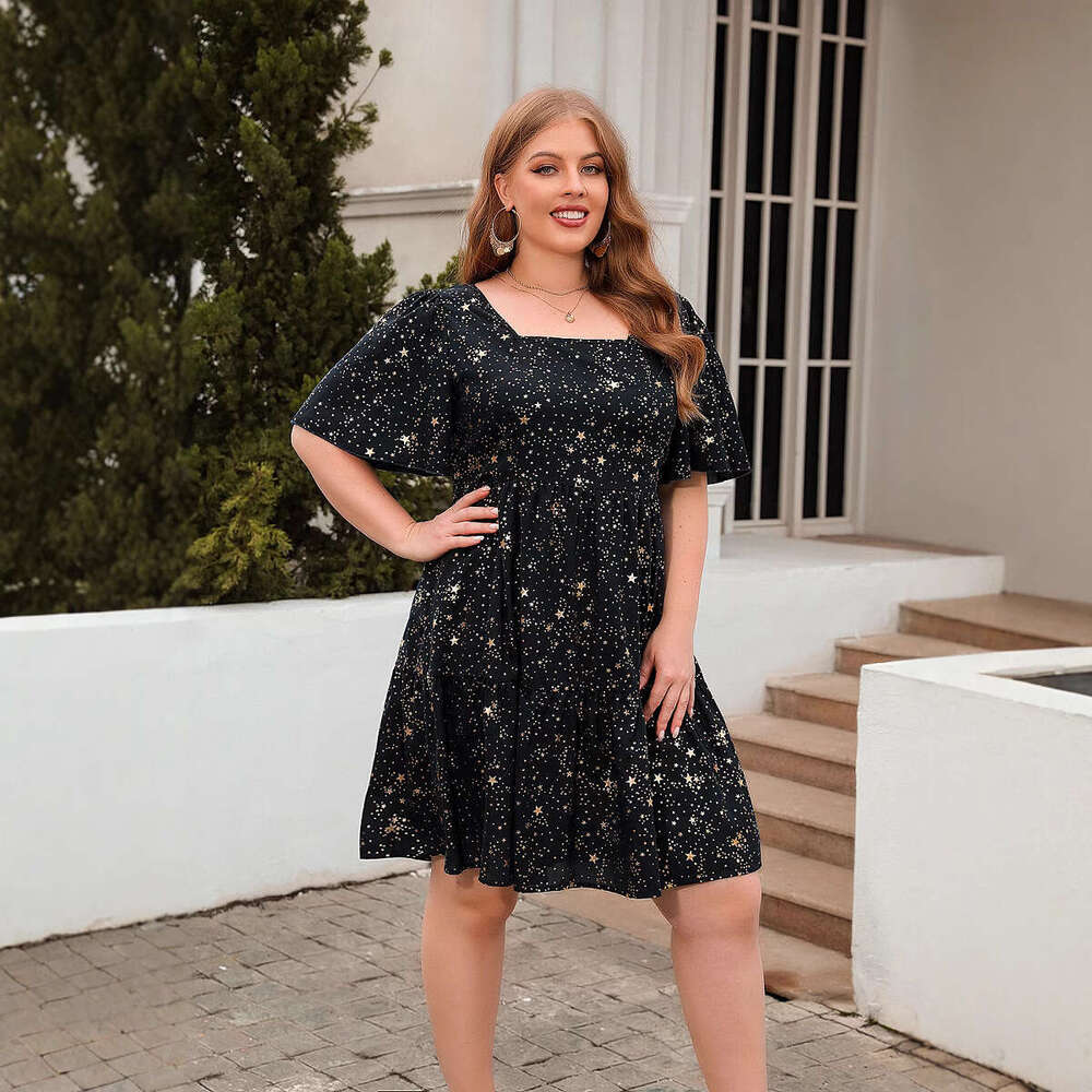 Plus Size Vestido Calf Floral Dress Beach Dress Fulllace Gold Stamping Printing Casual Loose Fitting Cocktail Party Elegant Dress Oversized Womens Clo