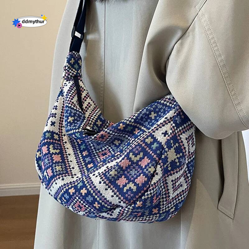 Ethnic Wind Canvas Shoulder Small Tote Female Messenger Simple Zipper Handbags 2024 New Trend Casual Beach Bag ddmythur