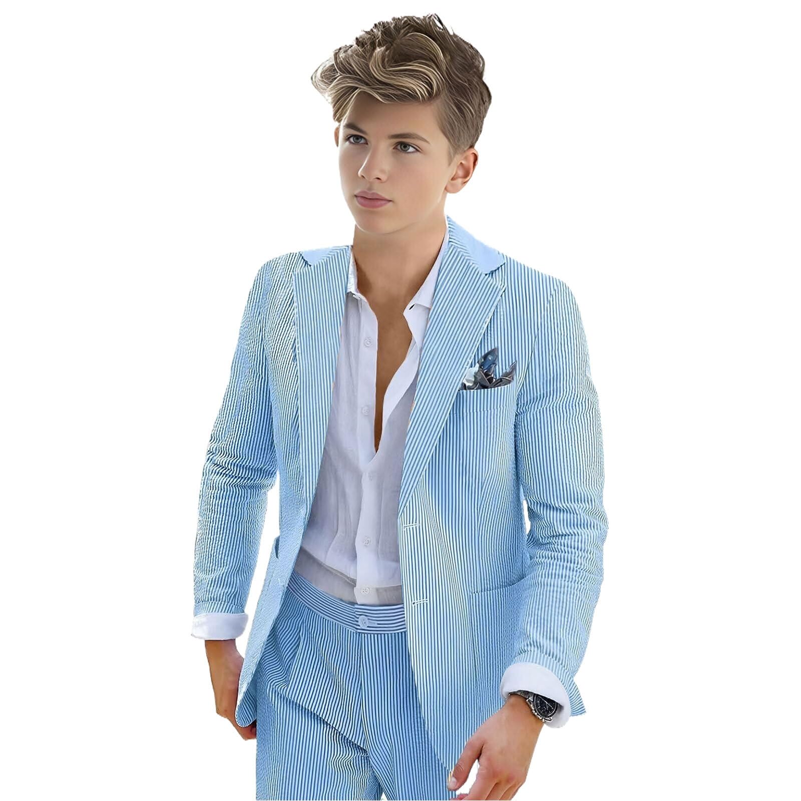 Boys Seersucker Suit 2 Piece Tuxedo for Boys Striped Blazer Pants Boys Summer Beach Wedding Suit