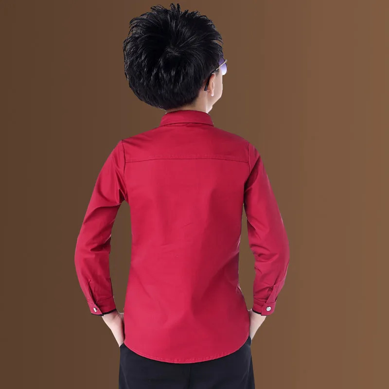 Boys Red Shirts Spring Autumn Classic Solid White Chinldren Tops Cotton Long Sleeve Shirt 6-14Years Clothes For Kids 250515