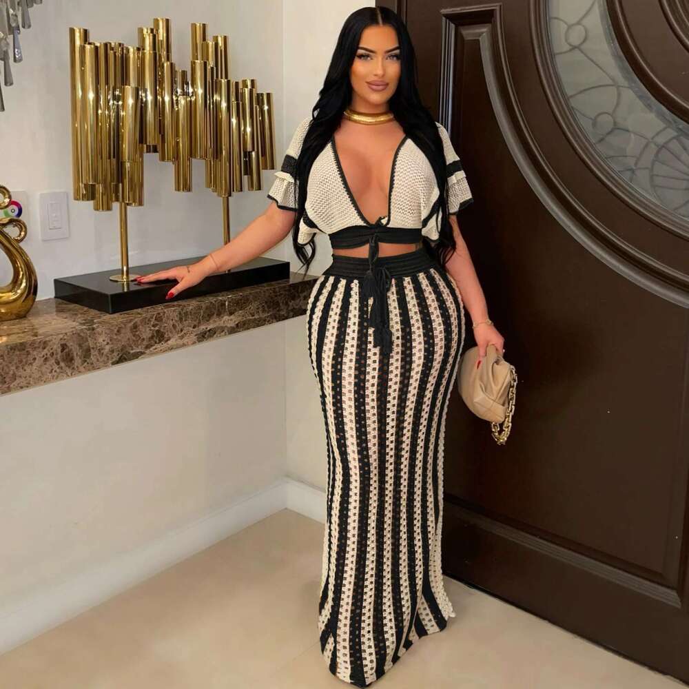 Cm.Yaya Women's Set Short Sleeve V-Neck Top + Long Skirts Suit Summer Knitted Hollow Out Streetwear Beach Sexy Two 2 Piece Sets