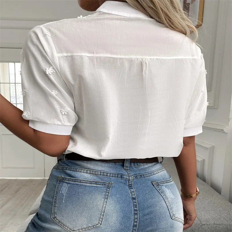 Summer Elegant Short Sleeve White Shirt Vintage Tops Crochet Hollow Blouses For Women Fashion Cotton Female Clothing 250515