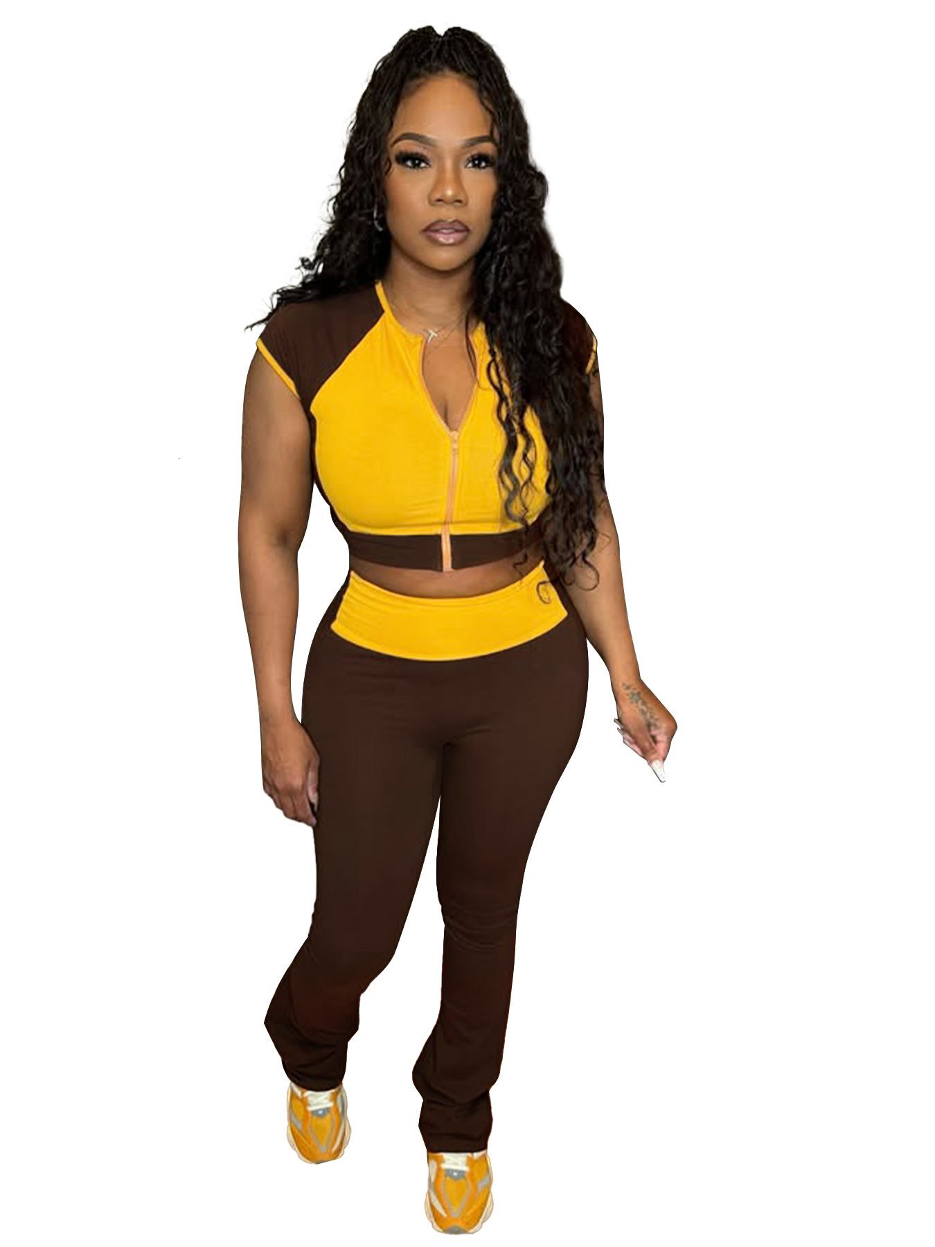HR25019 Fashion Womens Splicing Color Contrasting Round Neck Short Sleeve High Waist Micro Horn Two Piece Pants Set