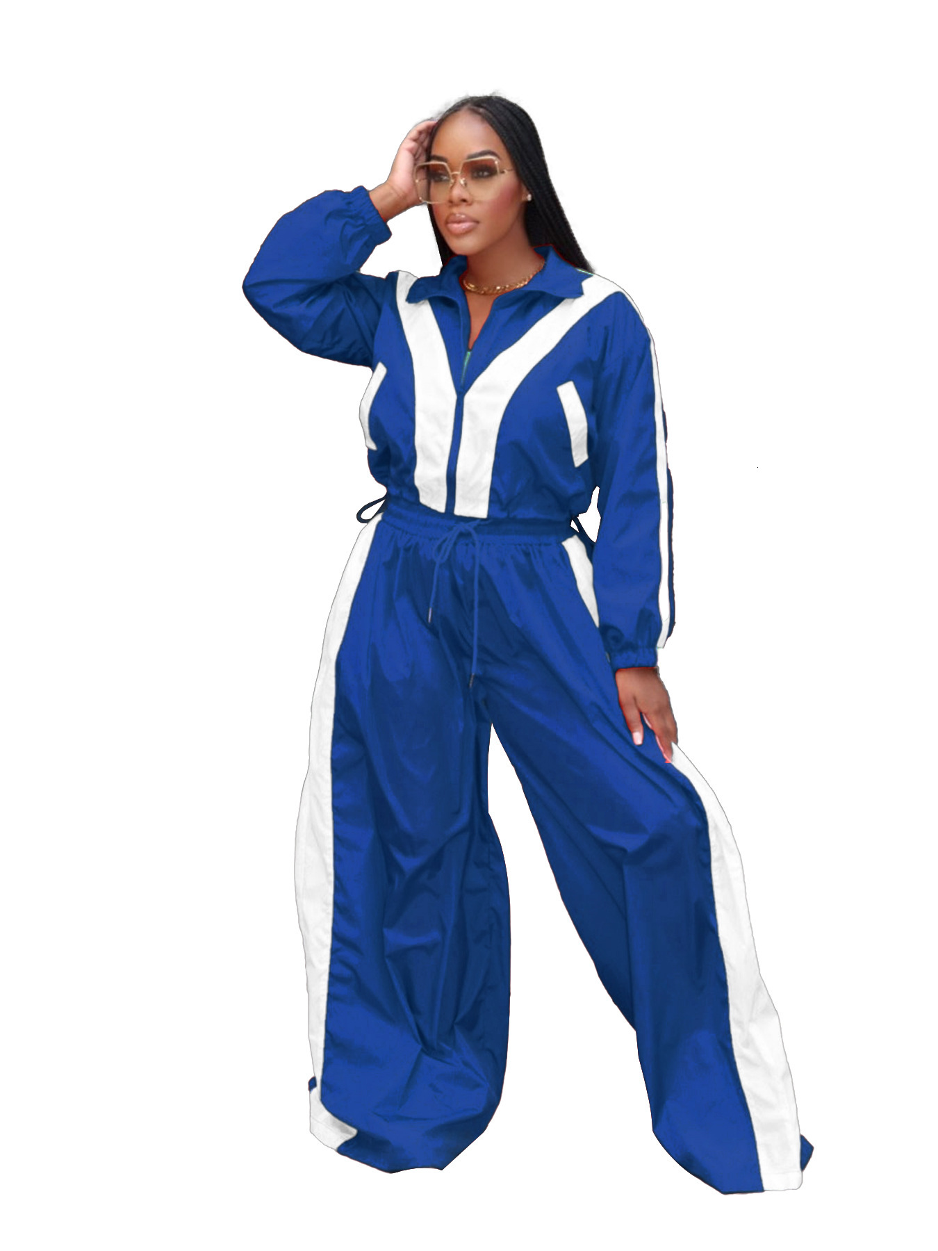 HR24071 Womens Zipper Waist Collar Color Contrasting Super Large Super Fat Trendy Two Piece Set