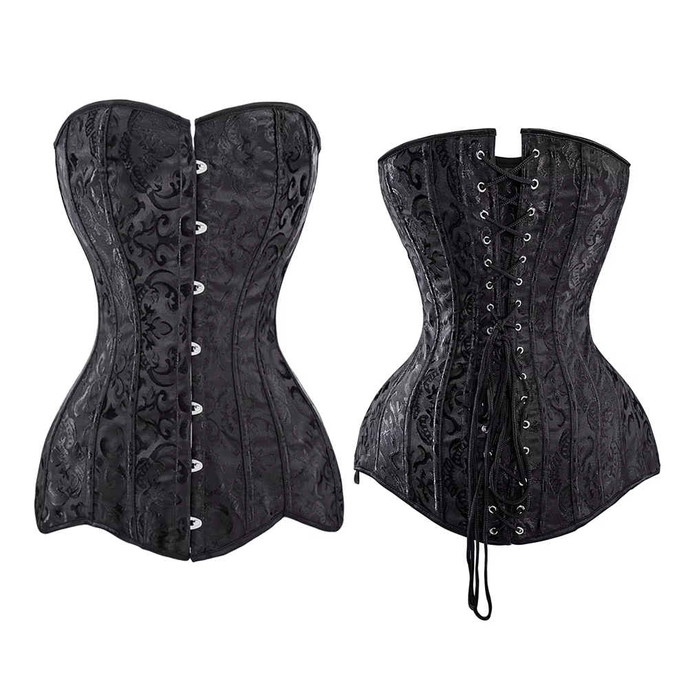Long Torso Overbust Corset Steel Boned Gothic Gorset White Black Bustier Top Hip Cover Clothing Korse Jacquard Steel 6XL Plus Size Korset Steampunk Go