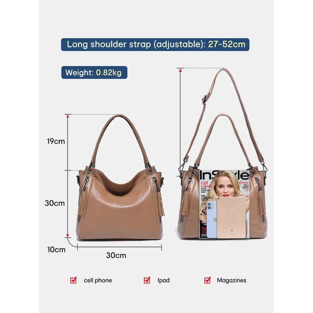 Zency Genuine Hobo Handbag Women Large Capacity Shoulder Crossbody Designer Cow Leather Slouchy Bag Purse