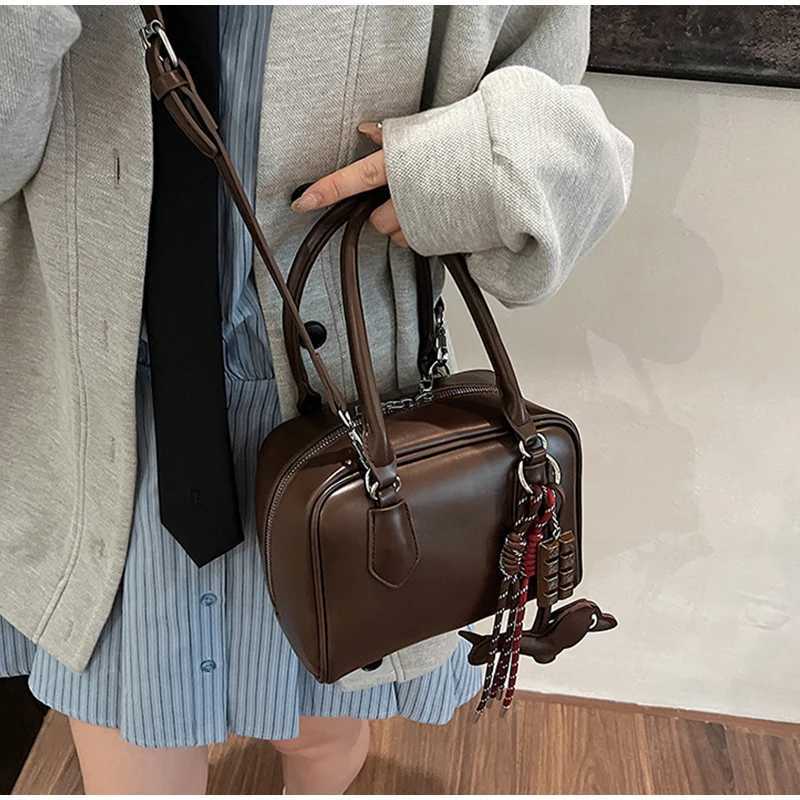 Wens Pu Leather Cute Mini Bost Handbag Brown Bowling Crossbody Bag High-end Korean Shoder Bag Ladies Versatile Tote Z250516