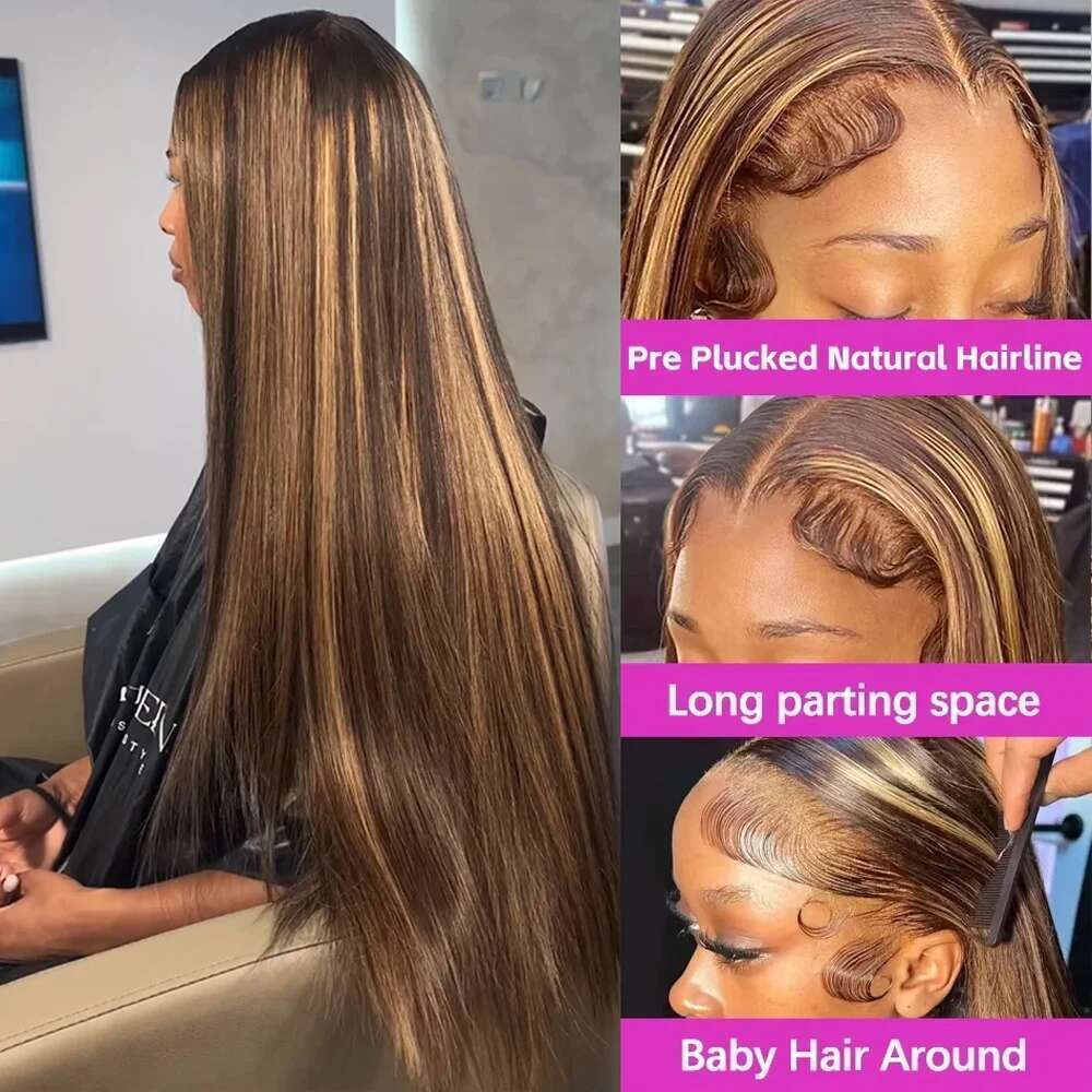 200 Density P4/27 Highlight Full Preplucked Colored Straight Frontal Wig 36Inch HD Transparent Lace Human Hair Wigs