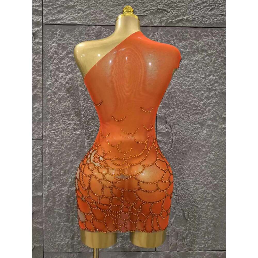 Orange Color Shinning Rhinestones Women Sexy One Shoulder Mesh Bodycon Mini Dress Celebrate Nightclub Party Bar Singer Wear