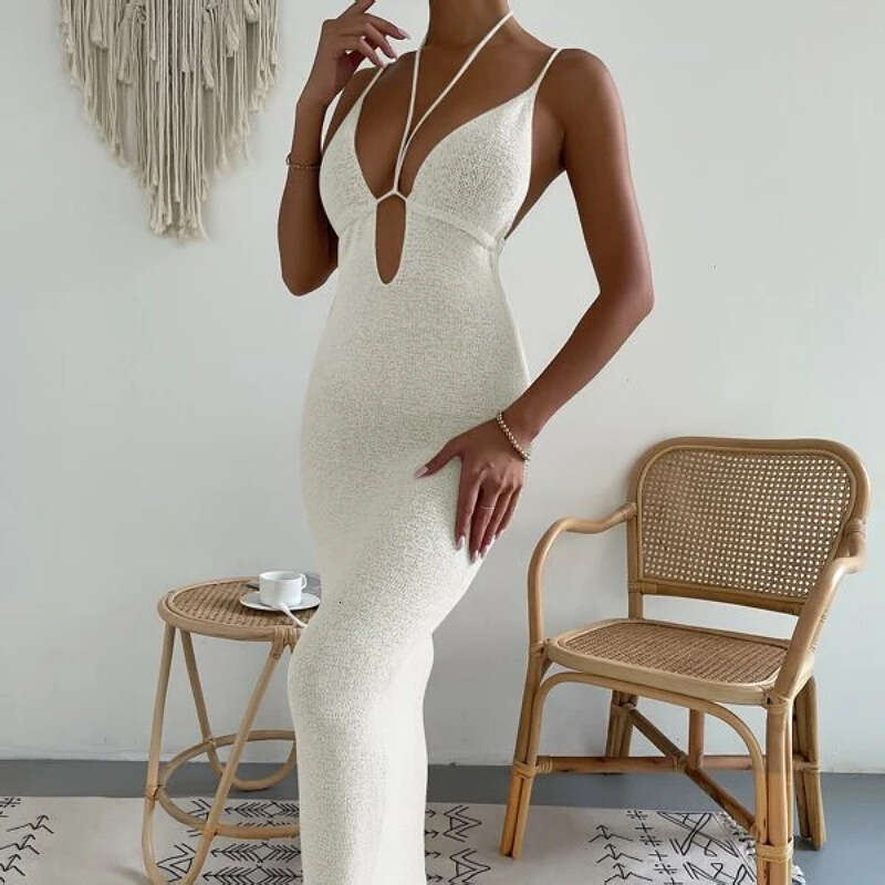 2025 New Women's Clothing Pure Desire Sexy Hollow Hanging Neck Strap Splicing Dress Long Skirt Female