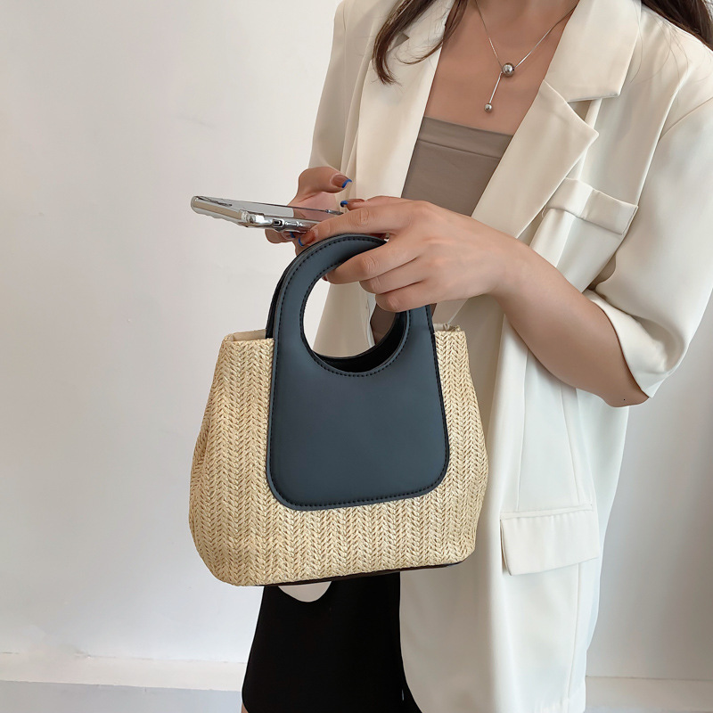 2025 Summer Contrast Spliced Grass Large Capacity Handmade Woven Bag Simple And Fashionable One Shoulder Handbag