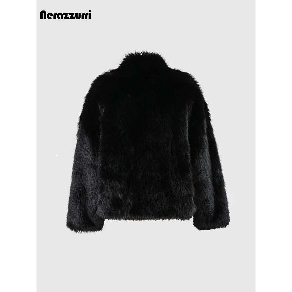 Nerazzurri Winter Short Loose Casual Hairy Soft Thick Warm Pink Faux Fur Coat Women With Big Collar And Pockets Fluffy Jacket